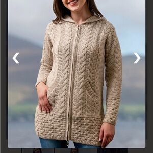 Aran Crafts Women's Beige Irish Cable Knit Hooded Cardigan